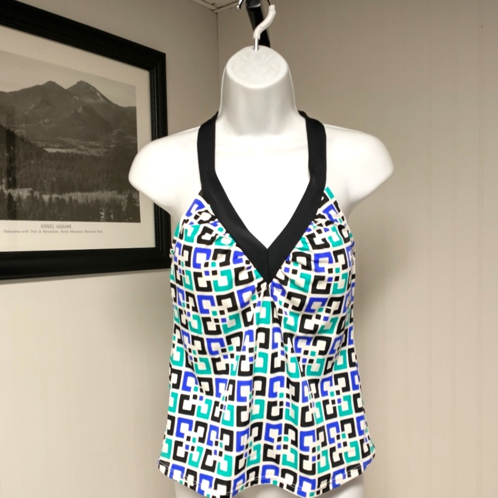 Sonoma Black Blue Green Multi Geometric Print SwimTankini Top Size 8
